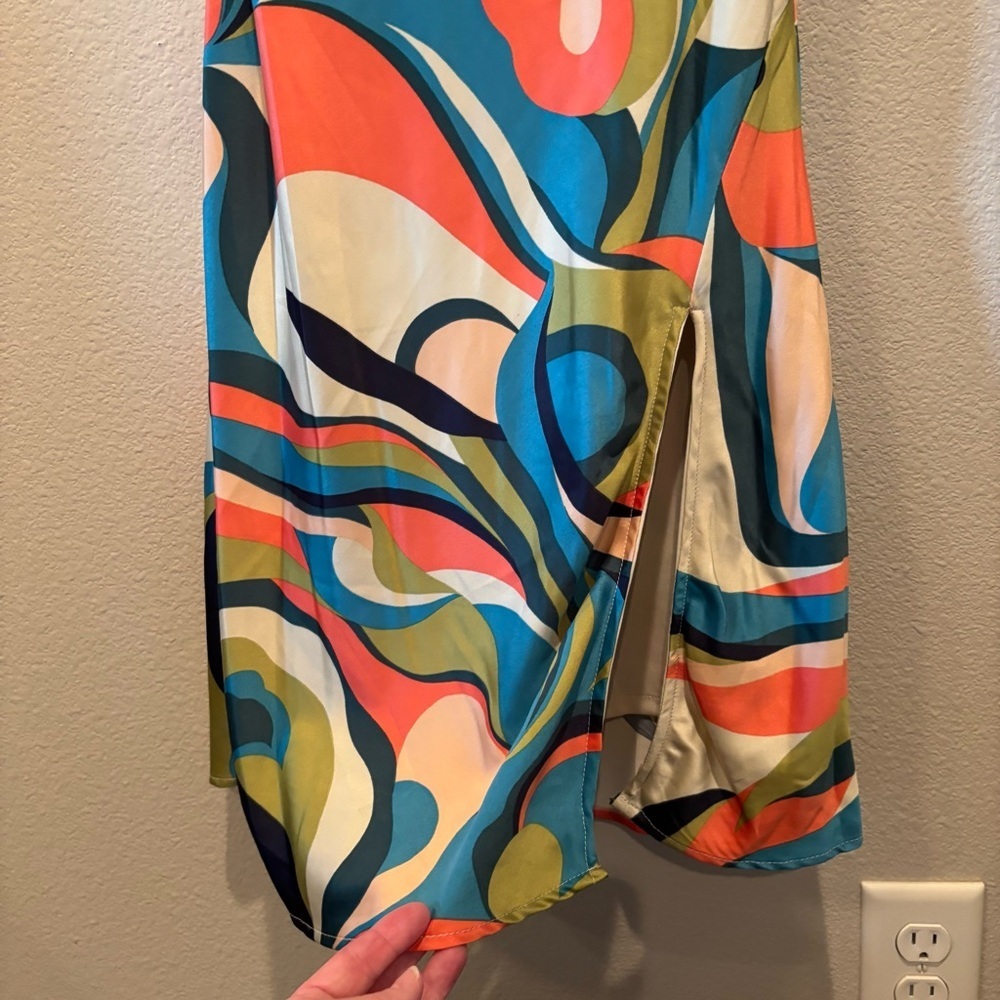 NWT Allison & Kelly Satin Geo Print Spaghetti Strap Back Cut Out Slip Dress, XS - Picture 5 of 13
